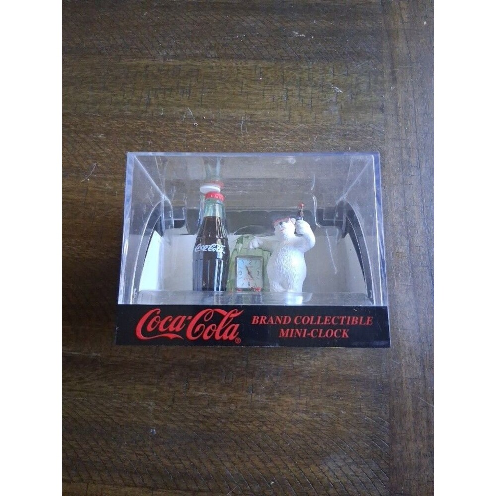 Coca Cola Collectable Mini Clock Bear w/ Coke Bottles in Plastic Case
